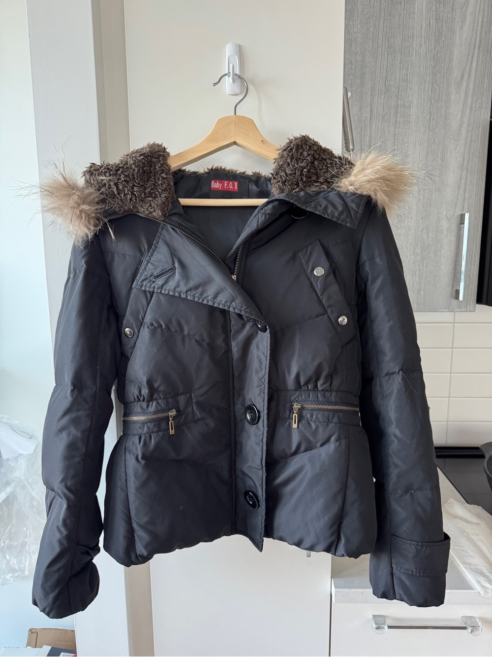Women's Black Puffer Coat with Faux Fur Hood